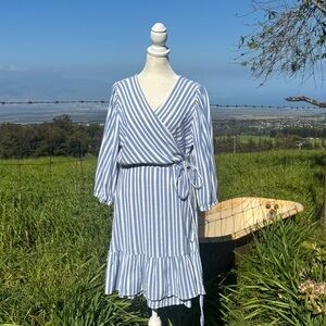 Tommy Hilfiger Women Blue White Striped V-Neck Wrap Dress Preppy Xl